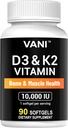 VANI Vitamins D3 (10000iu/250mcg) + K2 (som Mk7), för Ben & Muscle & Teeth Health, 90 SOFTGELS