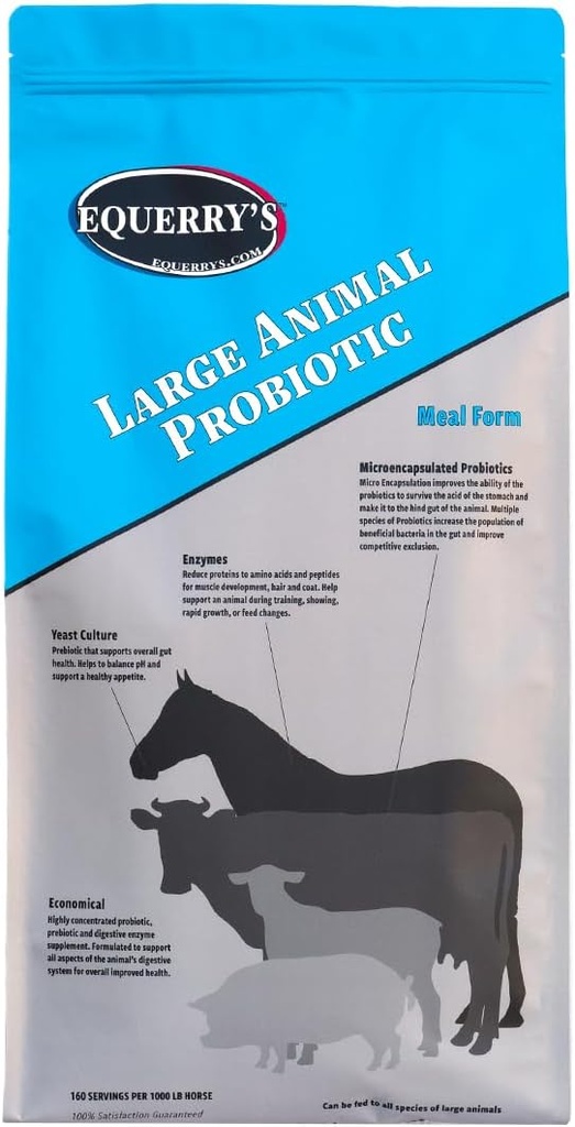 Equerry's Large Animal Probiotic | Tillskott för Gut Health och näringsabsorption | Probiotika och Digestive enzymer för hästar, kor, getter, får, grisar, 160 utfodringar (20lbs) för 1000 lb djur