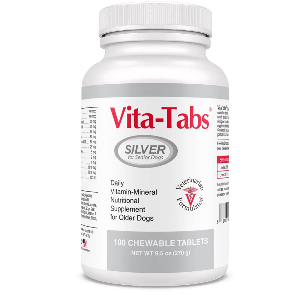 Silver - Vitaminer, mineraler, näringsämnen - Stöd för äldre hund - Tillägg för hälsosamt ben, gemensamt, energi, immunsystem - 100 tabletter