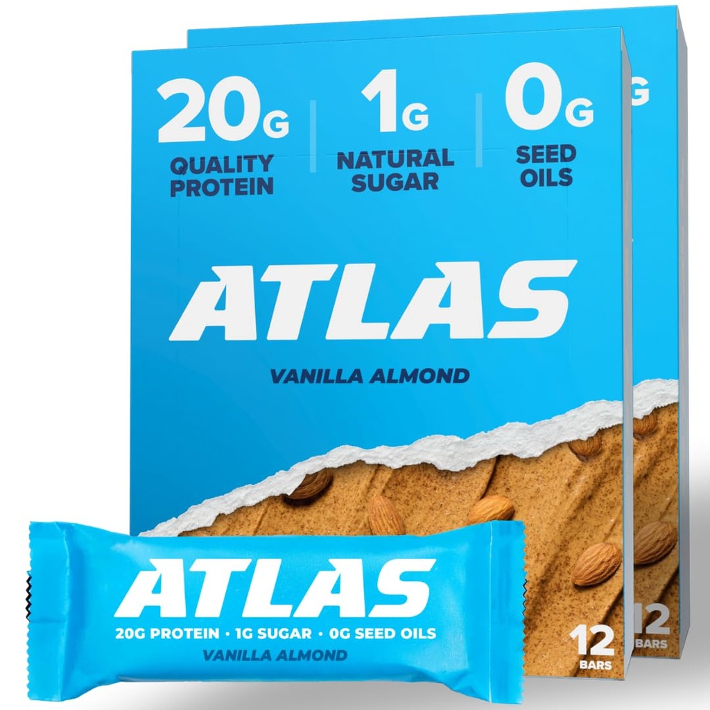 Atlas Protein Bar - 20g Clean Protein, 1g Natural Sugar, No Seed Oils, Gluten Free, No Artificial Sweeteners - Vanilla Almond 24 Count