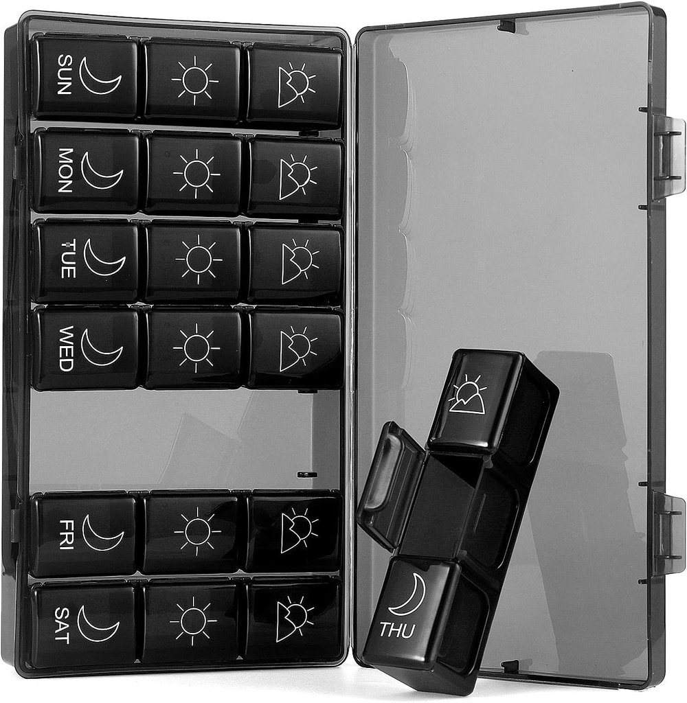 Weekly Pill Organizer 7 Day 3 Times, Portable Pill Organizer, BPA Free Pill Case, Travel Daily Pill Box Reminder, Medicinering Organizer för vitaminer, tillägg (Black1)