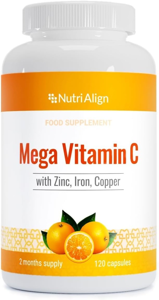 Nutri-Align Mega Vitamin C | 120 High Strength Vitamin C 1000mg Capsules - Vitamin C och Zink, Iron & Copper Supplement | VIT C Supplements | Gluten & Sugar Free | Kraftfull Antioxidant
