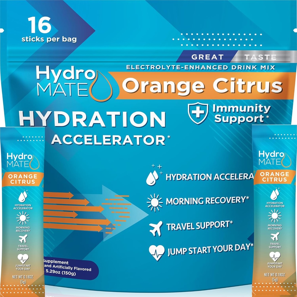 HydroMATE Electrolytes Powder med låg socker - 16 Instant Hydration Packets med vitamin C Orange för att öka energi - låg socker Electrolytes Powder Packets för att stödja Hydration för Fast Party Recovery