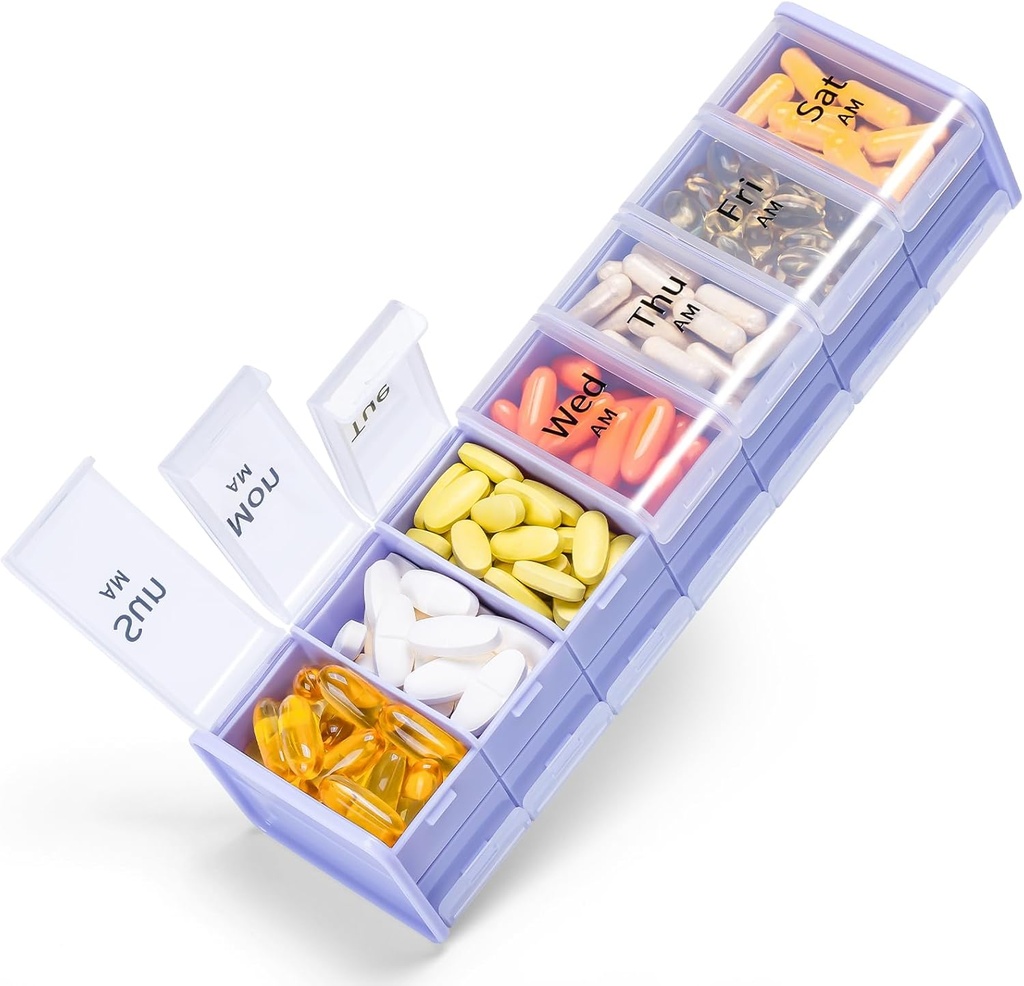Extra stor vecka piller organisatör 2 gånger om dagen - Betife 7 Day Pill Box, AM PM Pill Case med Double Layer Jumbo Compartment för piller, vitamin, fiskolja, kosttillskott (Puple/White)