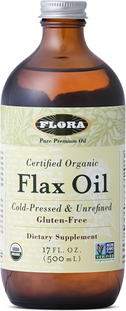 Flora - Flax Oil - Cold-Pressed, Unrefined, Organic Flax Seed Oil - Innehåller Omega-3 & Omega-6 - Non-GMO & Gluten-Free - Keep Chilled - 17 fl. oz. Amber Glas Bottle