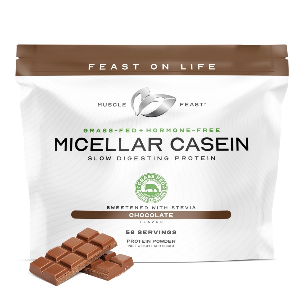 Muscle Feast Grass Fed Micellar Casein Protein Powder, Pasture Raised & Hormone Free, Slow Digesting Casein Protein - Stöder över natten Muscle Recovery, Gluten Free Protein Powder - Chocolate, 4lb