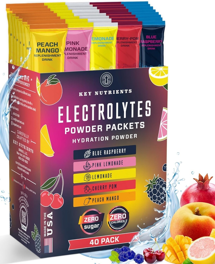 KEY NUTRIENTS 40 Pack Multivitamin Hydration Packets - 5 Läckra smaker - Electrolytes Powder Packets No Sugar - Inga kalorier, Gluten Free, Keto - 40 portioner - Made in USA