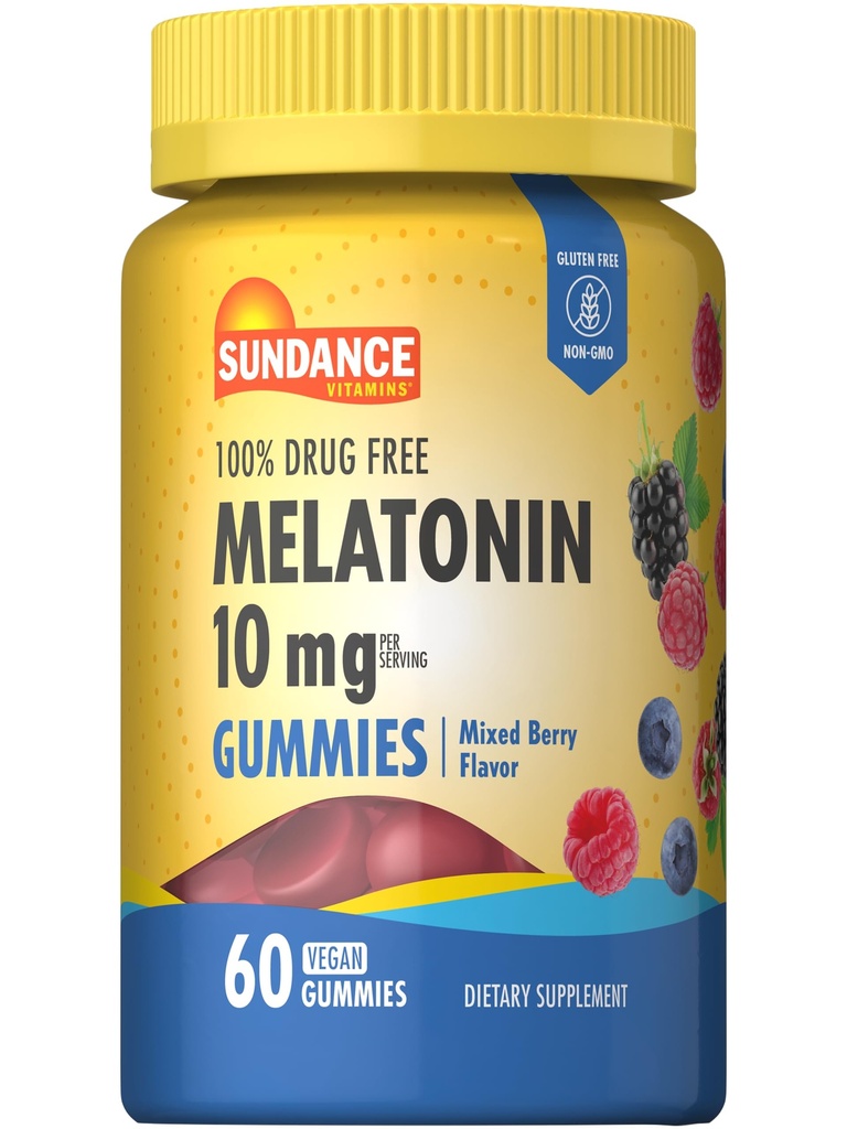 Sundance Melatonin 10mg Gummies för vuxna | 60 greve | Mixed Berry Flavor | Vegan, icke-GMO och Gluten Free Supplement