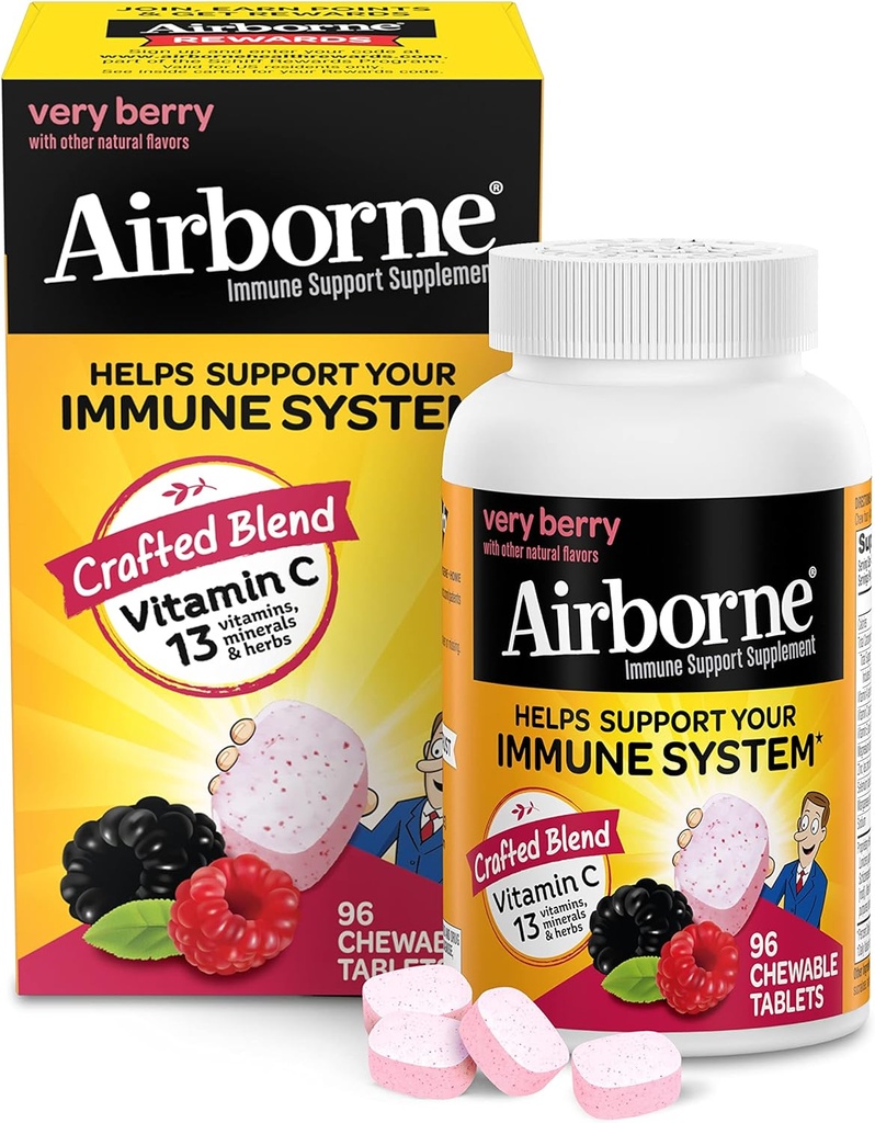 Airborne 1000mg Vitamin C Chewable Tablets med Zink, Immune Support Supplement med kraftfulla antioxidanter Vitaminer A C & E - 96 Chewable tabletter, mycket Berry smak