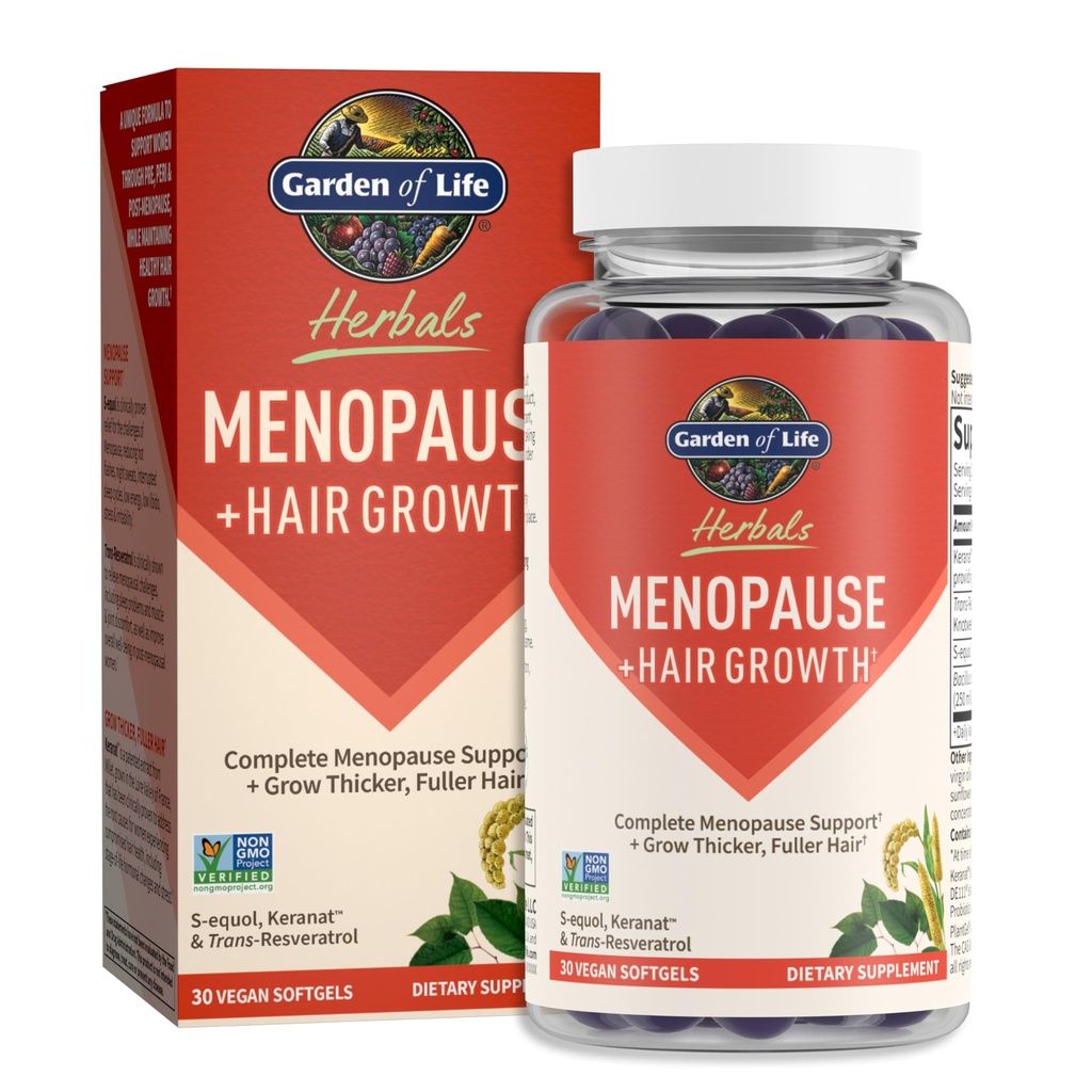 Garden of Life Herbals Menopause Supplement med S-Equol & Trans-Resveratrol för Multi-Symptom Relief, Keranat för tjockare, Fuller Hair Growth - Non-GMO, Gluten-Free, Vegan, Berry Flavor, 30 portioner