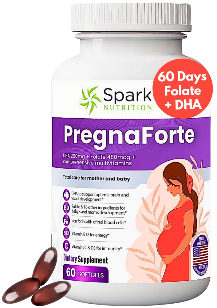 Pregnaforte 1 a day Prenatal vitamins for women 2 month: Folic acid, Fish Oil Omega 3 DHA/EPA, Vitamin D3, B6, Vitmain B12, C, E, Calcium, Iron, Magnesium, Zinc supplement FSA HSA eligble multivitamin