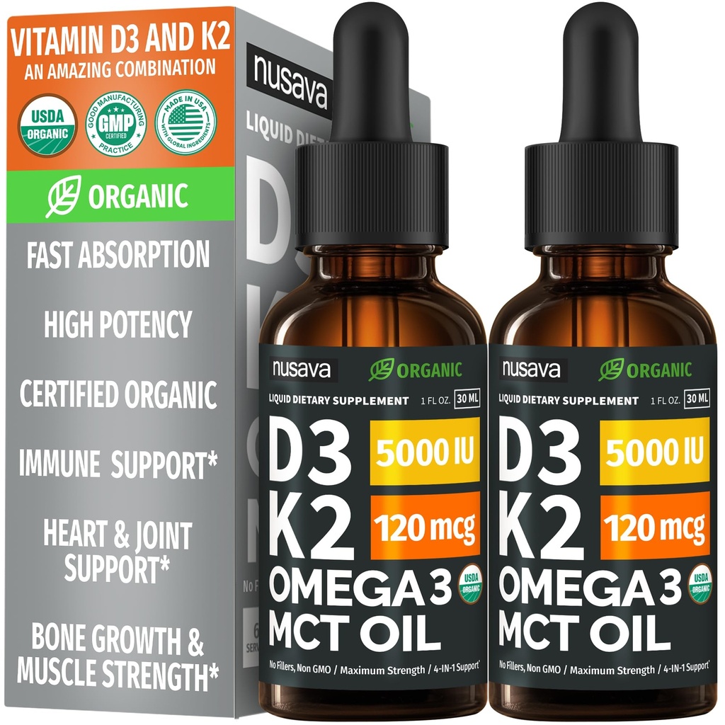 (2 Pack) Organisk vitamin D3 K2 droppar med MCT Oil Omega 3, 5000 IE - Liquid D3, No Fillers, Non-GMO, Immune Support (Unflavored, 2 Fl Oz)