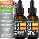 (2 Pack) Organisk vitamin D3 K2 droppar med MCT Oil Omega 3, 5000 IE - Liquid D3, No Fillers, Non-GMO, Immune Support (Unflavored, 2 Fl Oz)