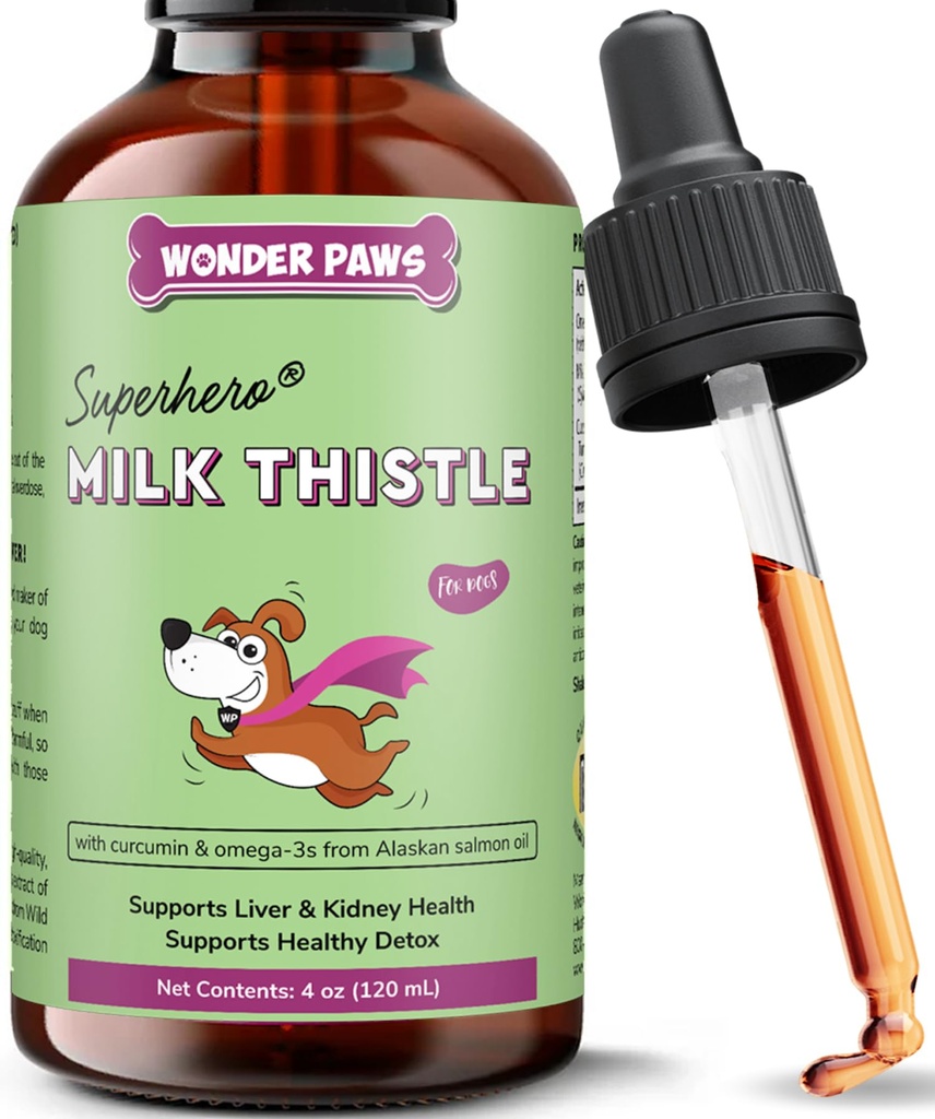 Wonder Paws Milk Thistle, Liver Support för hundar, stöder njurfunktion för husdjur, Detox, Hepatic Support, med Wild Alaskan Salmon Oil & Curcumin, Omega 3 EPA & DHA (4 Oz)