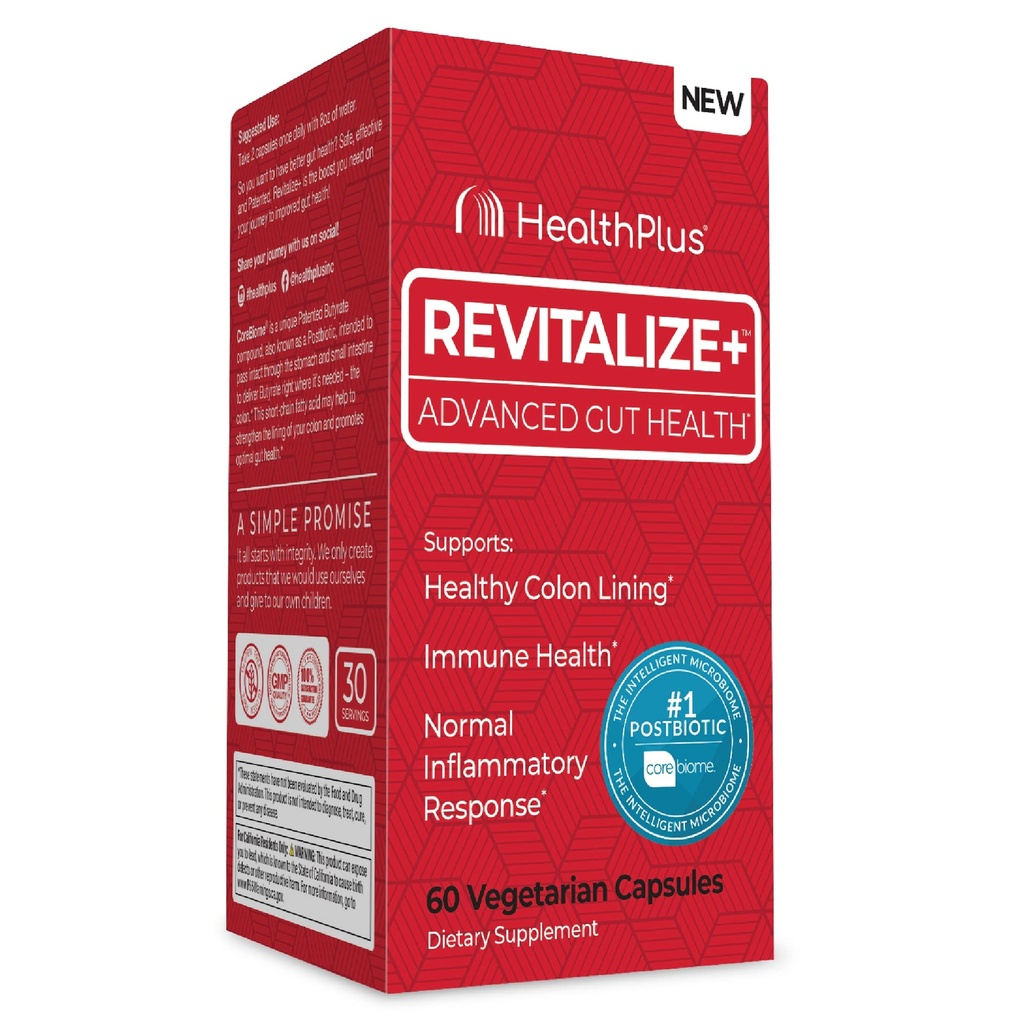 Health Plus Revitalize + Corebiome Tributyrin Postbiotics för komplett matsmältningshälsa, läckande gut, Colon | Gut Health Supplements för män och kvinnor | 60 kapslar, 30 portioner
