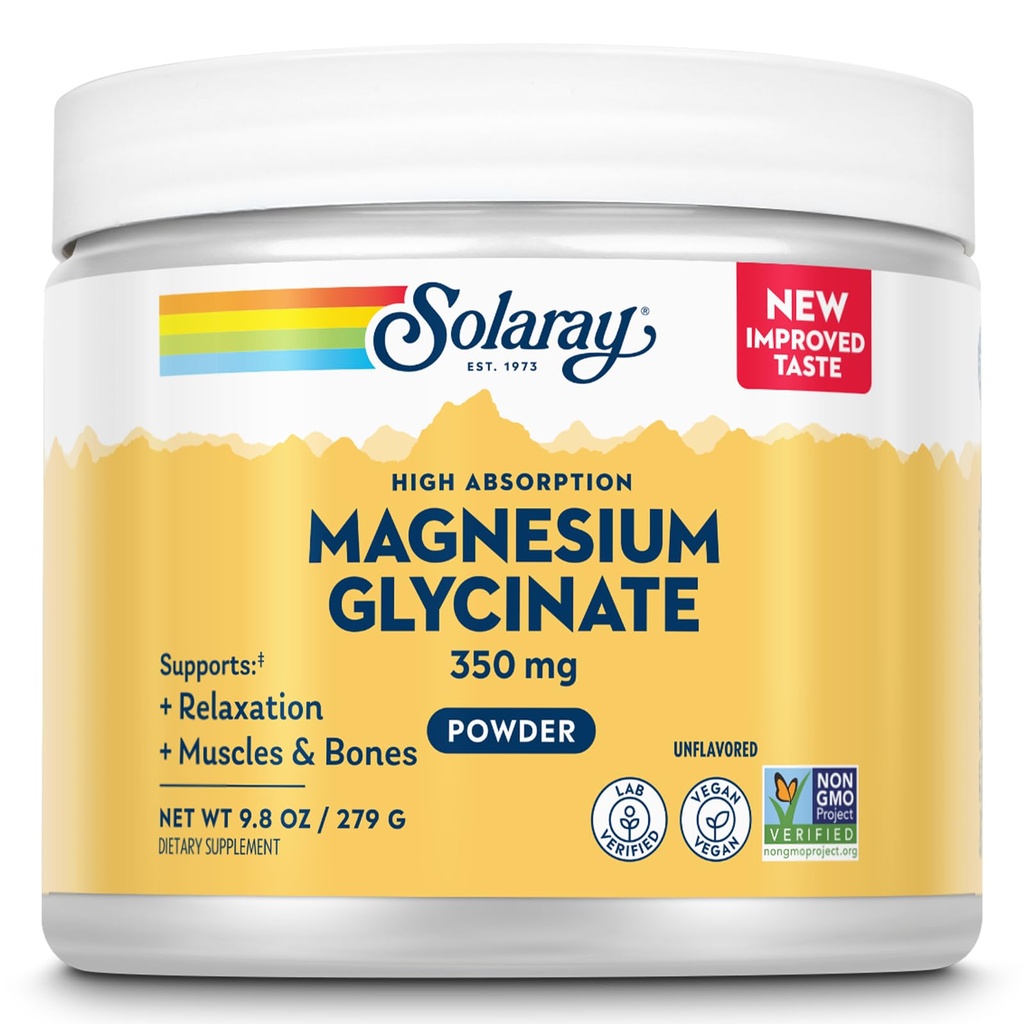 SOLARAY Magnesium Glycinate Powder 350 mg - Unflavored Magnesium Powder - Magnesium Supplement för ben, muskel och avslappningsstöd - Vegan, icke-GMO, 60-dagars garanti - 50 portioner, 6 OZ