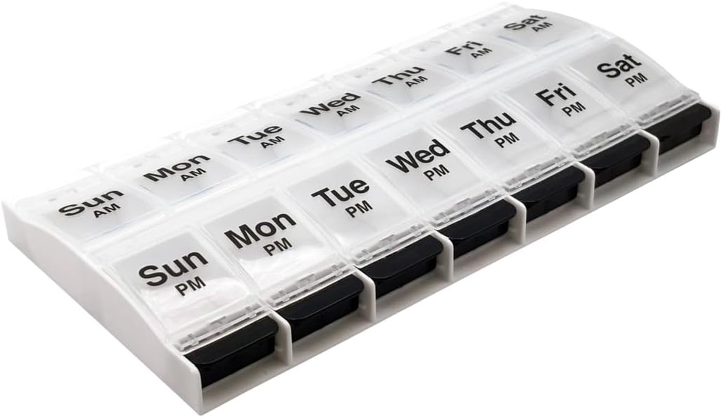 EZY DOSE Push Button (7-Day) Pill Case, Medicine Planner, Vitamin Organizer, 2 gånger om dagen, AM / PM Container, X-Large Compartments, Arthritis Friendly, Easy to Use, Clear Lids, Clear / Black, BPA Free