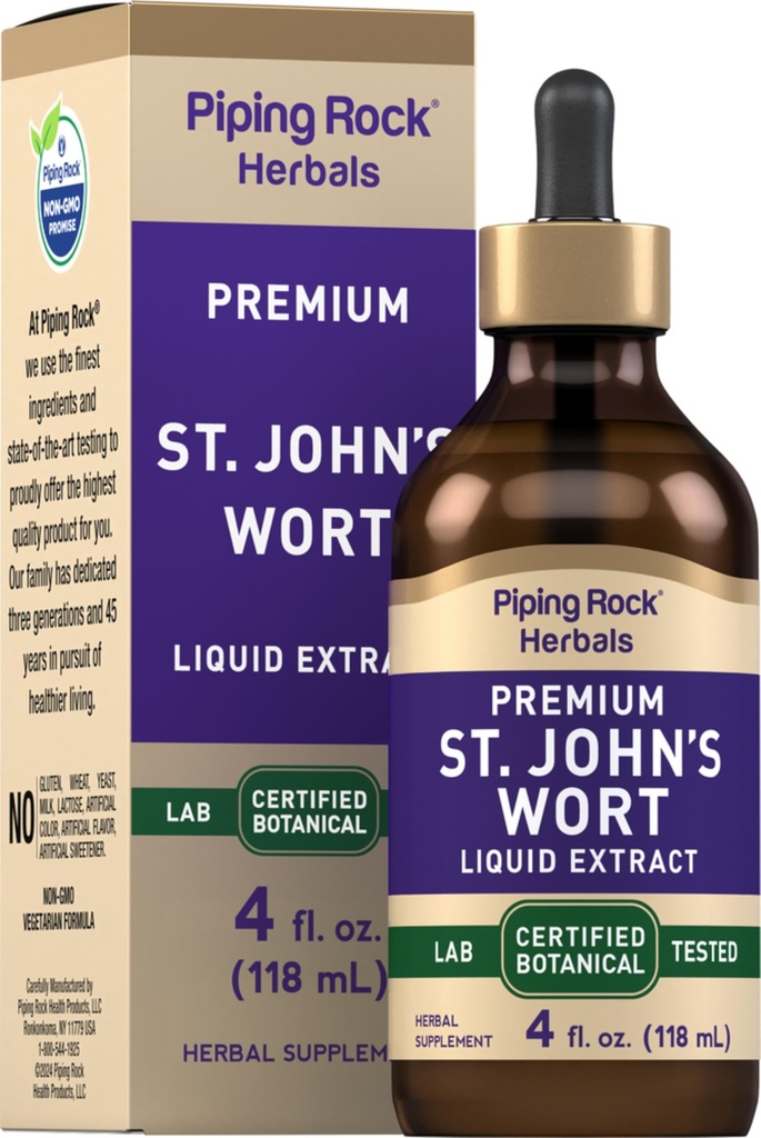 Piping Rock St Johns Wort Tincture Drops | 4 Fl Oz | Premium Liquid Herb Extract | Hypericum Perforatum | Vegetarisk, alkoholfri | Non-GMO, Gluten Free Supplement