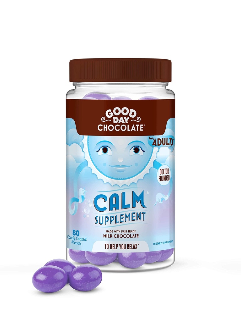 Good Day Chocolate Natural Calming Supplement för vuxna, Blend of Camomile, Theanine, Magnesium, Fair Trade och Non-GMO Chocolate, 80 Pieces