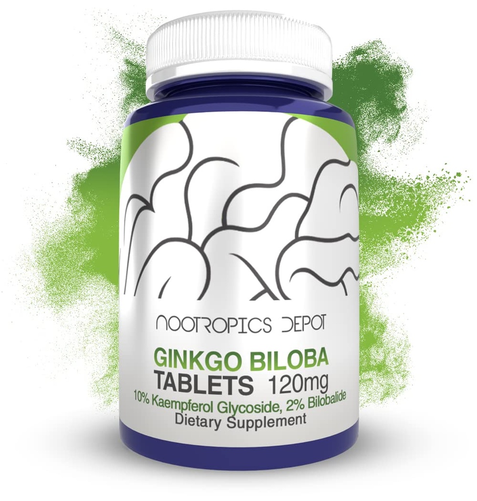 Nootropics Depot Ginkgo Biloba Extract tabletter | 120mg | 90 greve | Minst 10% Kaempferol Glycoside + 2% Bilobalid | Kan hjälpa till att främja kognitiv och kardiovaskulär funktion