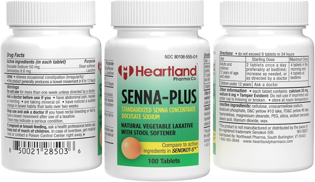 Senna-Plus Natural Vegetable Sennoside Laxative | Natural Vegetable Laxative | Gentle Overnight Constipation Relief | Docusate Sodium Stool Softener | 100 tabletter