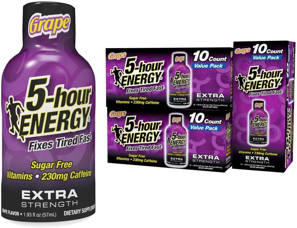 5-hour ENERGY Extra Strength Energy Shot, Grape Flavor, 30 Count, 1.93 oz., Zero Calories & Sugar-Free 230 mg Caffeinated Energy Shot, Amino Acids & B Vitamins, Dietary Supplements
