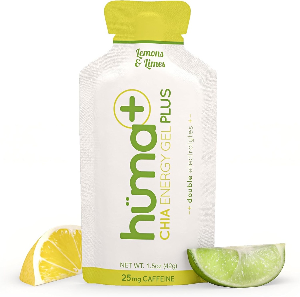 Huma Plus (Double Electrolytes) - Chia Energy Gel, Lemon Lime, 24 Gels, 25mg koffein - Magen vänlig, Real Food Energy Gels