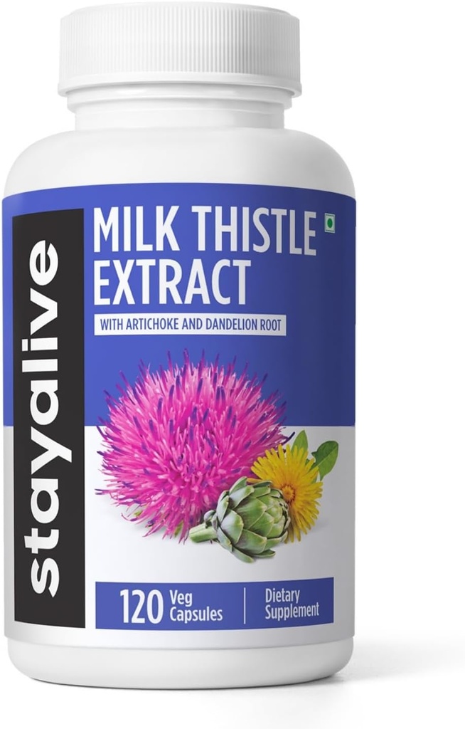 STAY ALIVE Milk Thistle Supplement med Dandelion Root och Artichoke Extract, 80% Silymarin Complex, 120 piller, 100% Pure Artichoke Leaf Extract Powder, Non-GMO & Gluten-Free Herbal Capsules