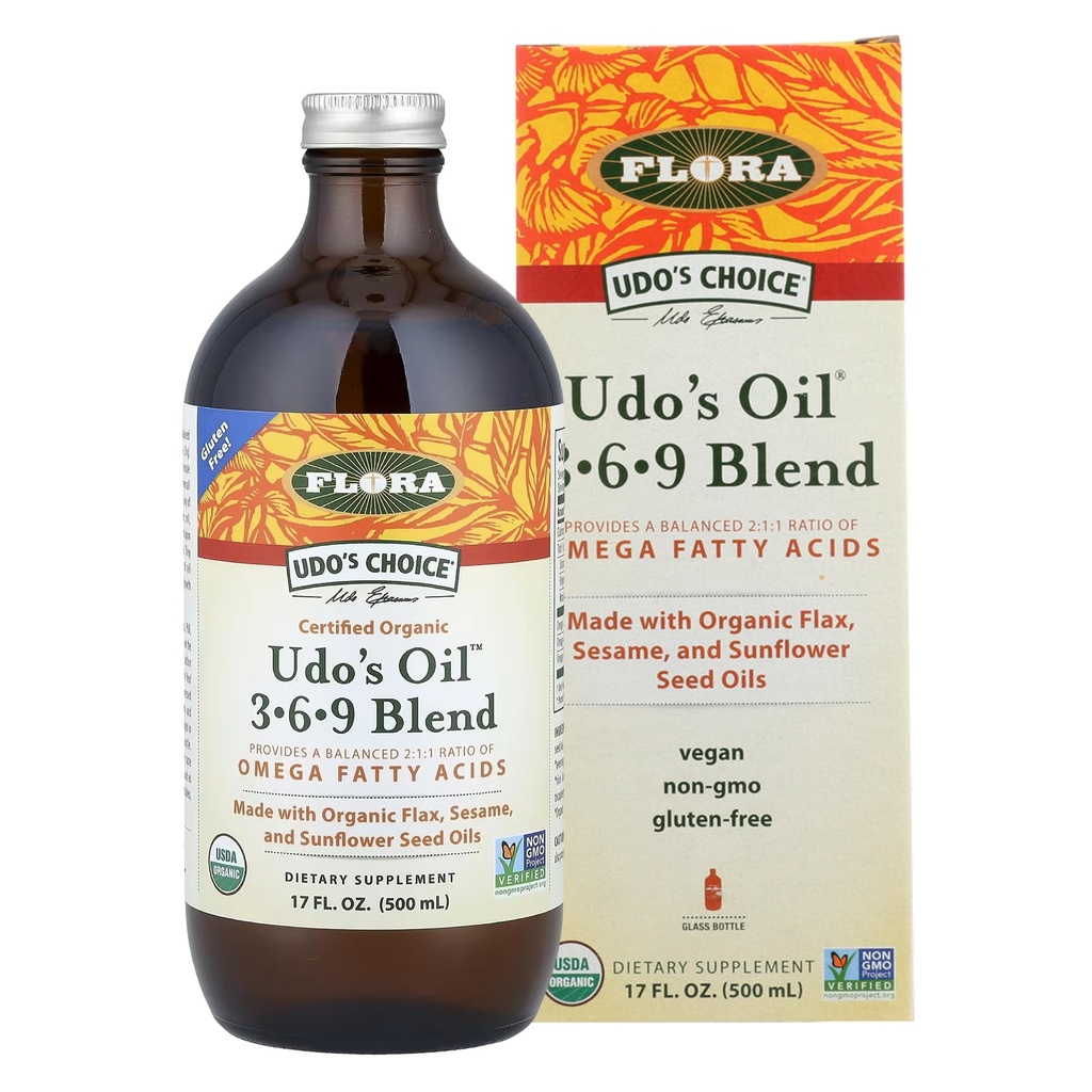 Flora Udo's Oil 3-6-9 Blend - Vegan Omega-3 & Omega-6 Oil - Innehåller organisk kokosolja, Flax Seed Oil & More - Keep Chilled - 17 fl. oz.