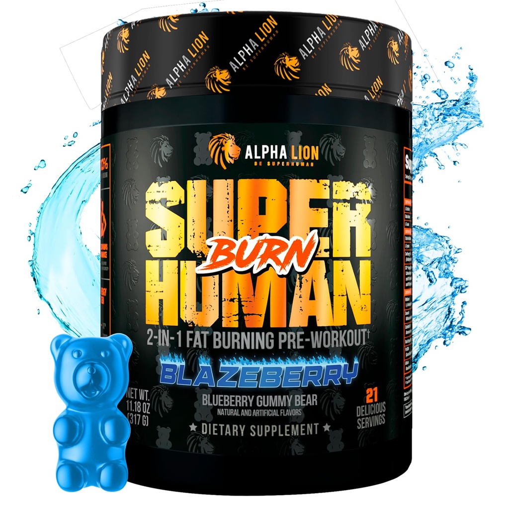 ALPHA LION Superhuman Burn – 2 in 1 Metabolism Booster Pre Workout and Thermogenic Fat Burner for Men – Appetite Suppressant and Weight Loss Supplement (21 Servings, Blue Gummy Bear Flavor)