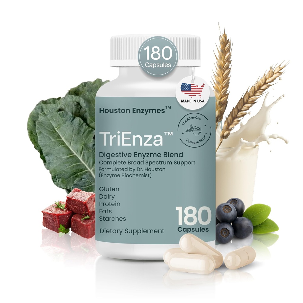 Houston Enzymes TriEnza Digestive Enzymes for Women & Men, Digestive Enzyme Supplements for Proteins, Carbs, Fats & Polyphenols hjälper till att bryta ner Wheat, Dairy, Soy, 180 Capsules (90 Doses)