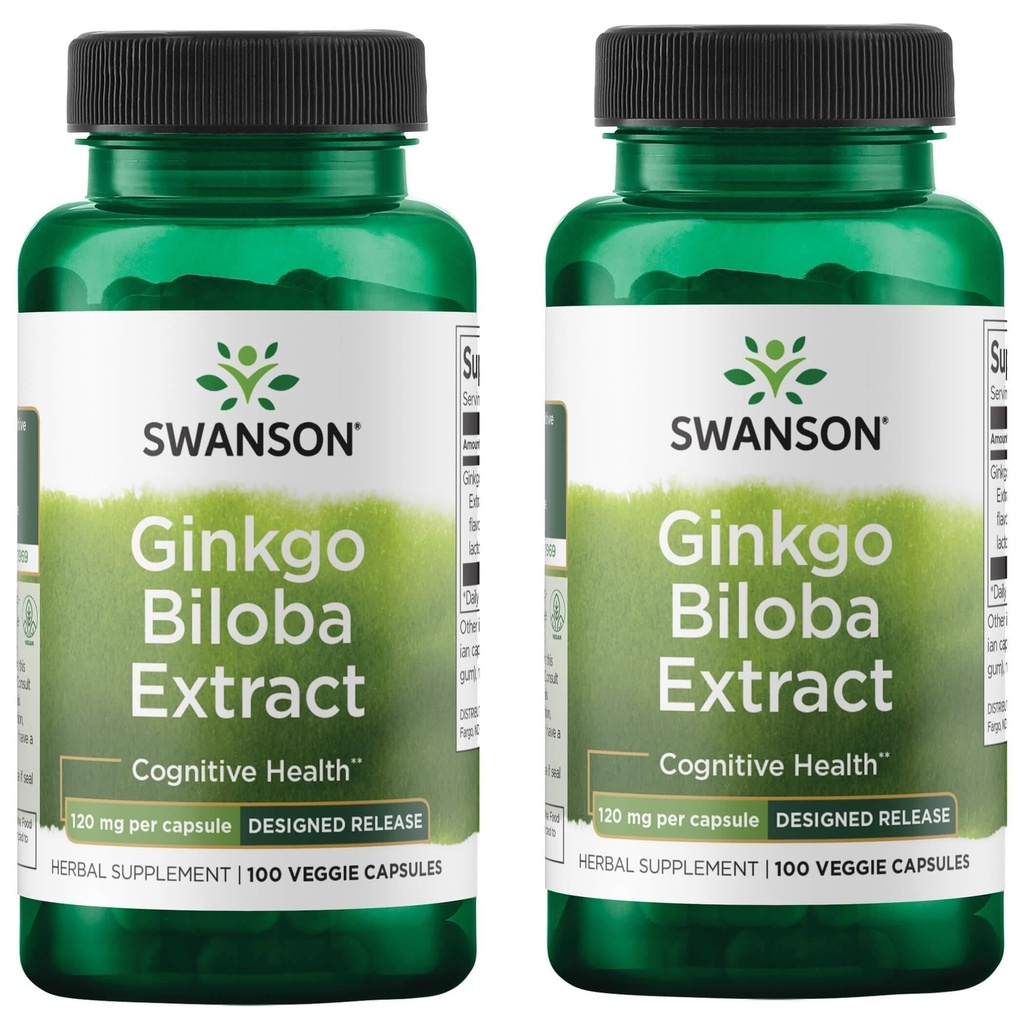 Swanson Ginkgo Biloba Extract Standardized Delayed-Release Memory Brain Cognitive Function Health Supplement 120 mg (24% flavone glycosides, 6% Terpene laktoner) 100 Veggie Drcaps (2 Pack)