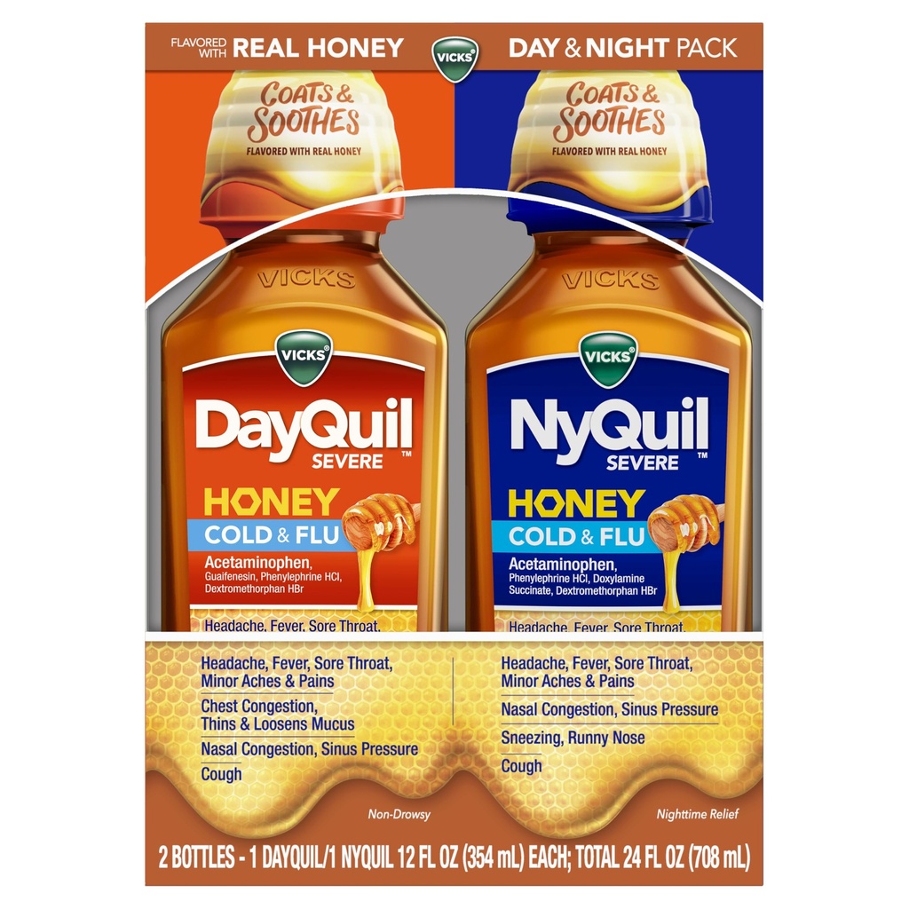 VICKS DayQuil & NyQuil SEVERE Honey Flavor Co-Pack, Cold & Flu Medicine, Relieves Headache, Fever, Sore Throat, Minor Aches & Pains, Nasal Congestion, Sinus Pressure, Stuffy Nose och Cough, 2x12oz