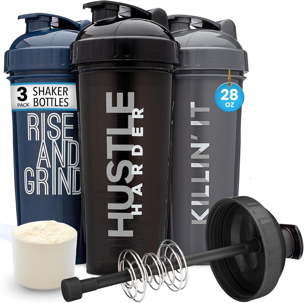 GOMOYO [3-Pack] 28-Ounce Shaker Bottle med Action-Rod Mixer | Protein Shaker Bottle med motiverande citat | Shakers for Protein Shakes är BPA Free och Dishwasher Safe | Silver, Blue och Black