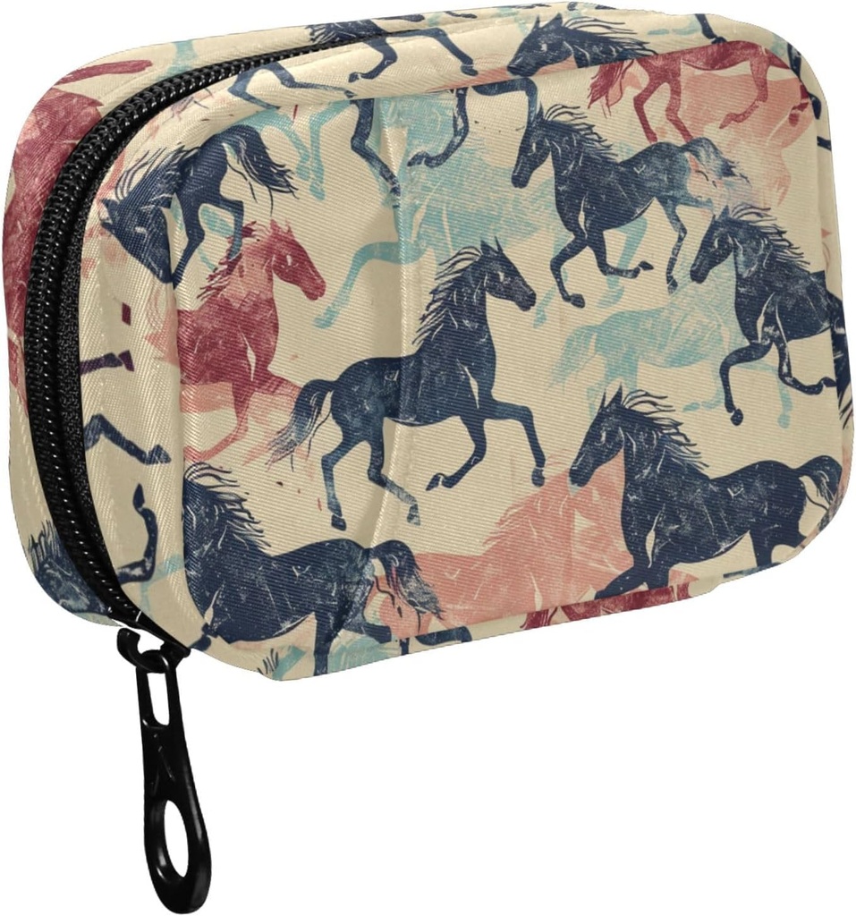 Fustylead Retro Colorful Running Horse Silhouette Pill Organizer för Purse, Weekly Portable Pill Box med Zipper för att lagra vitaminer Fish Oils Medications Supplements