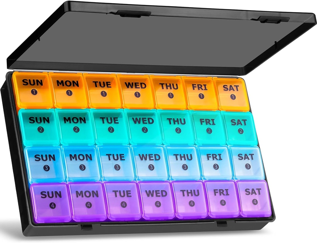 XL Large Monthly Pill Organizer 4 Weeks, 28 Day Pill Organizer Weekly, Big Compartment with Travel Case, 7 Day Pill Dispenser 4 Times a Day, Medicine Organizer Box för Vitamin, Fish Oil (Black)