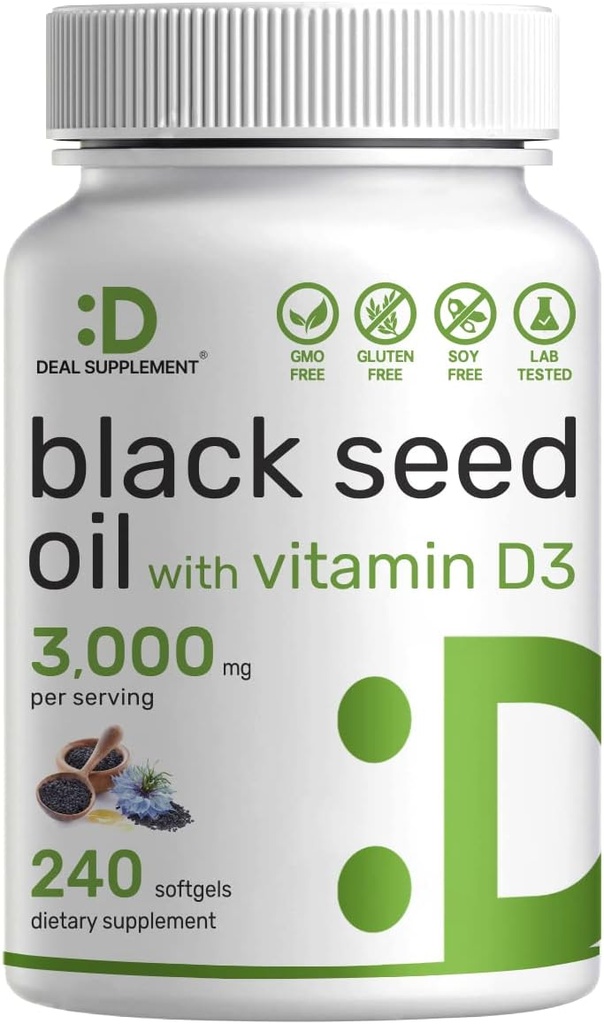 DEAL SUPPLEMENT Black Seed Oil, 240 Softgels - Cold-Pressed Nigella Sativa, Naturligtvis förekommer Thymoquinone (TQ) - Non-GMO, No Gluten - Black Cumin Seed Liquid Capsules med vitamin D3