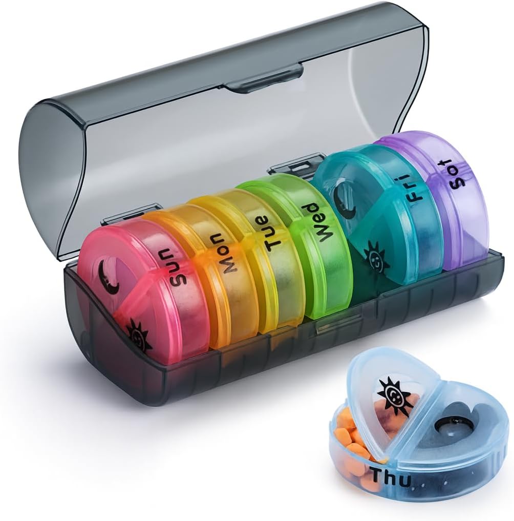 VIGOR PATH 7-Day Pill Organizer med två delar per dag, idealisk för piller / vitaminer / fiskolja / tillägg lagring, BPA-fri och lätt att rengöra (svart - färgglad)