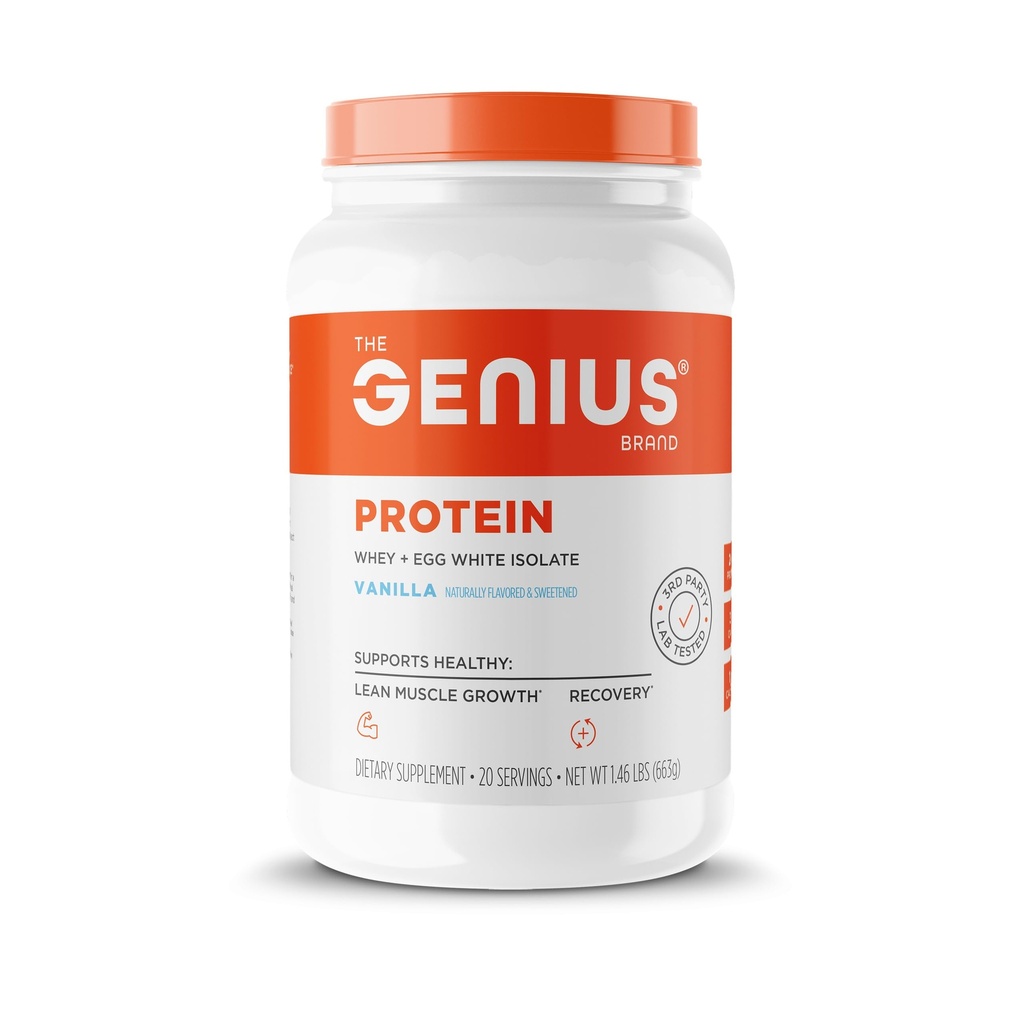 Genius Protein Powder, Vanilla - Dual Protein Blend med förbättrad Whey Isolate & Natural Egg White för Lean Muscle Building för Män & Kvinnor - Grass-Fed Pre & Post Workout Meal Replacement Shake