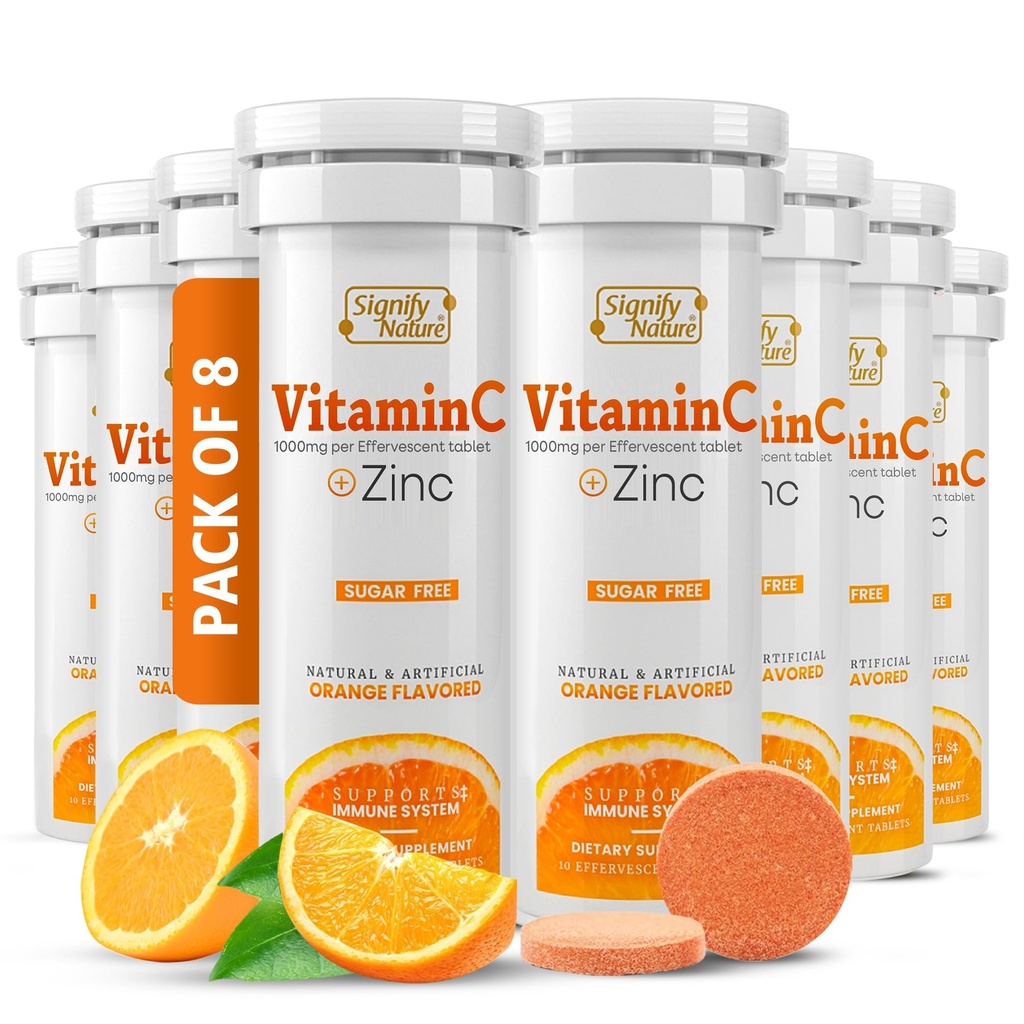 SIGNIFY NATURE Vitamin C 1000mg Effervescent Tablets - Potent Immune Support VIT C med Zink Supplement - Sugar-Free & Vegan Formel | Dissolvable Vitamin C tabletter - Vattenlöslig Fizzy Elixir - 80CT