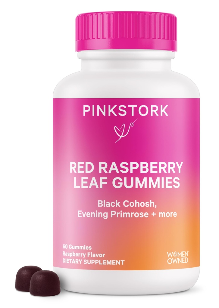 Rosa Stork Red Raspberry Leaf Gummies - Tredje Trimester Labor Prep + Postpartum Mood Essentials med Evening Primrose Oil + Black Cohosh - 60 Vegan Gummy Supplements, Non-GMO