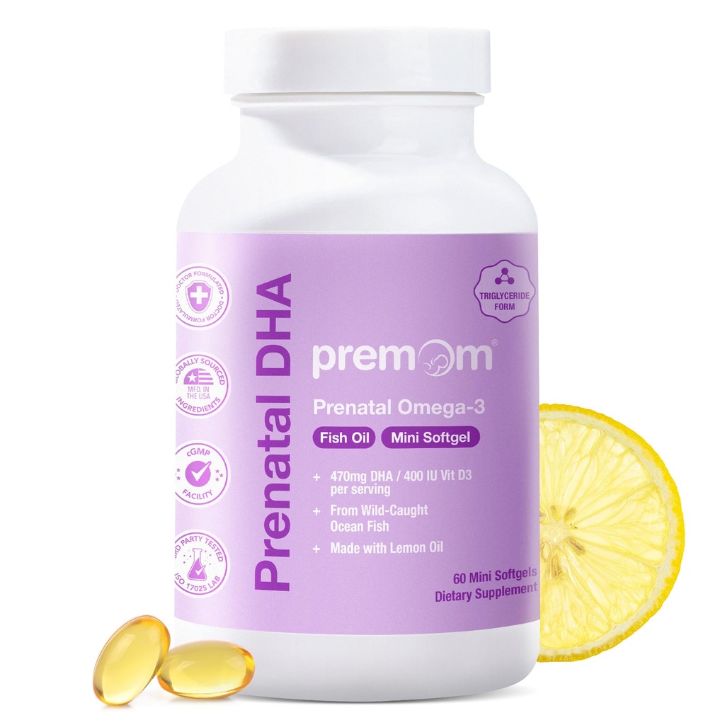 Premom Prenatal DHA Fish Oil: Triglyceride Omega 3 med 470mg DHA, 200mg EPA + 400 IU VIT D3 Supplement - Fertilitetsstöd för kvinnor - globalt källad från vildfångad fisk