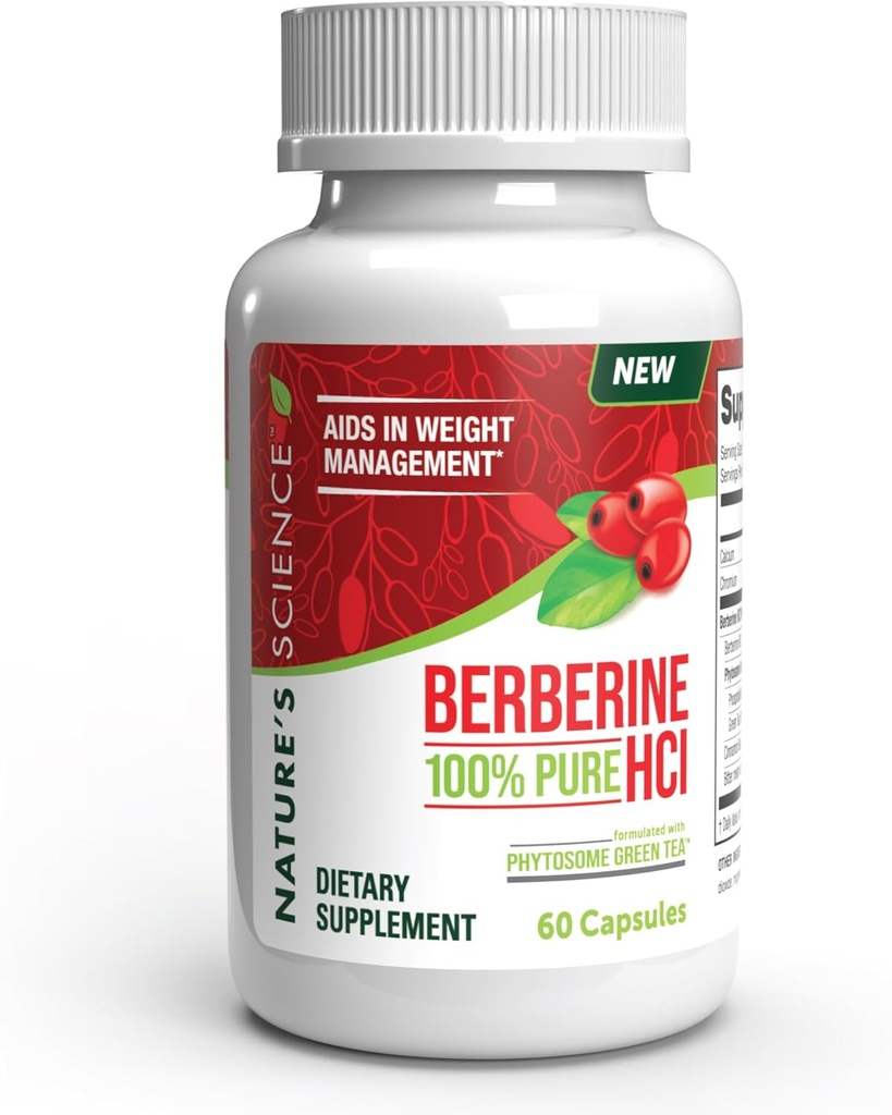 Naturens vetenskap Berberine HCL med fytosom grönt te för vikthantering, 100% ren klinisk grad berberin HCL för bättre absorption - hjälper metabolism, håller sig full för längre - 60 Caps