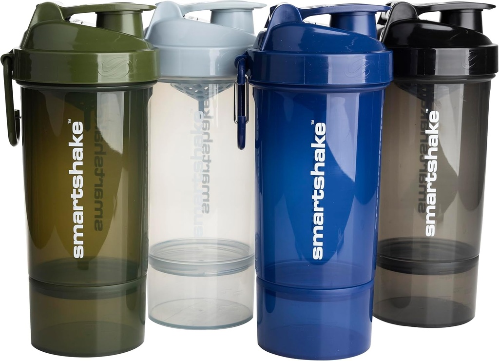 Smartshake O2GO ONE 4-Pack Protein Shaker Bottle 800 ml | 27 oz - Lagring Inkluderad - Leakproof Screw-on Lid - BPA Free - Unisex - Mist Gray, Army Green, Black, Navy Blue