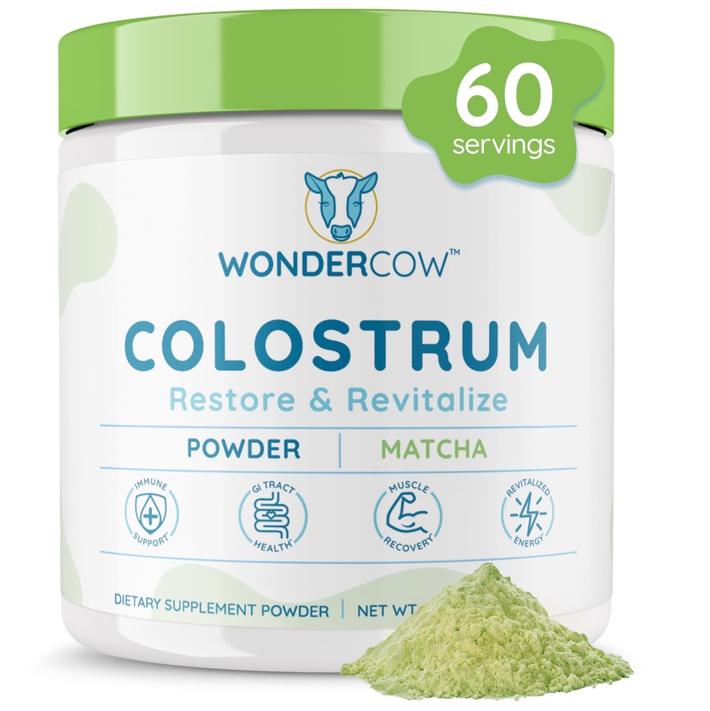 WONDERCOW Colostrum Supplement Powder för Gut Health, Immune Support, Muscle Recovery & Wellness | Natural IgG Pure Whole Bovine Colostrum Superfood, Matcha, 60 portioner