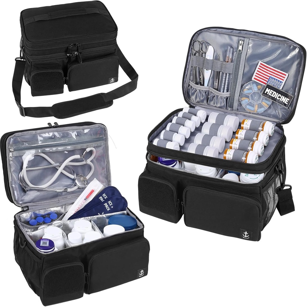 Double Layers Medicine Bag med isolerade kompartmentpiller Bottle Organizer med Lockable Zipper, Travel Medicine Organizer med mjuka axelremmar för pillerflaskor, medicinska förnödenheter
