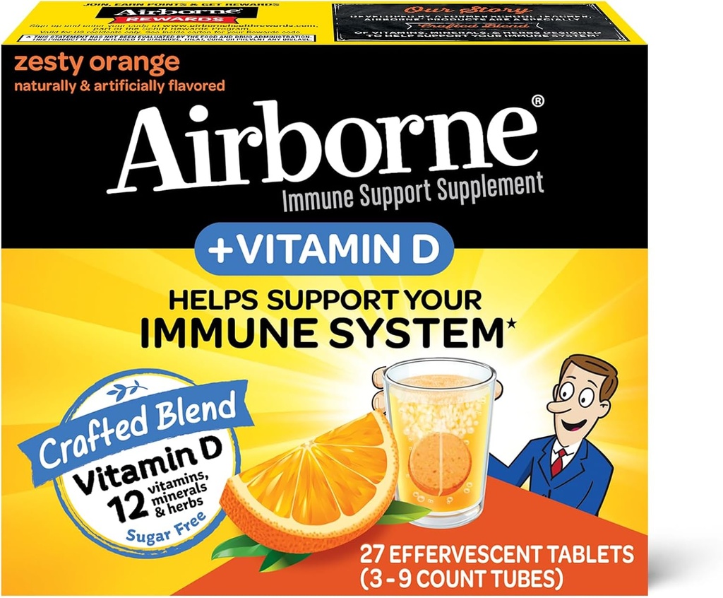 Airborne 750mg Vitamin C med Zink Effervescent tabletter, Immune Support Supplement med kraftfulla antioxidanter vitaminer A C D3 & E - 27 Fizzy Drink tabletter, Zesty Orange smak