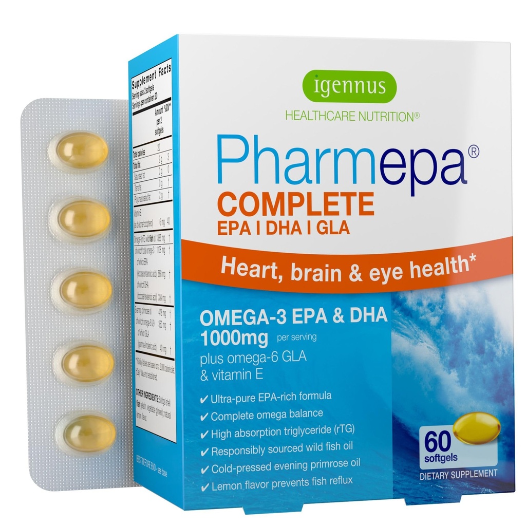 Igennus Pharmepa Complete EPA 668mg & DHA 334mg Omega-3 Fatty Acids 1000mg, IFOS Certified, rTG Form, High Potency Fish Oil Plus Omega-6 & 9 från GLA Evening Primrose Oil, Lemon Flavor, 60 Softgels