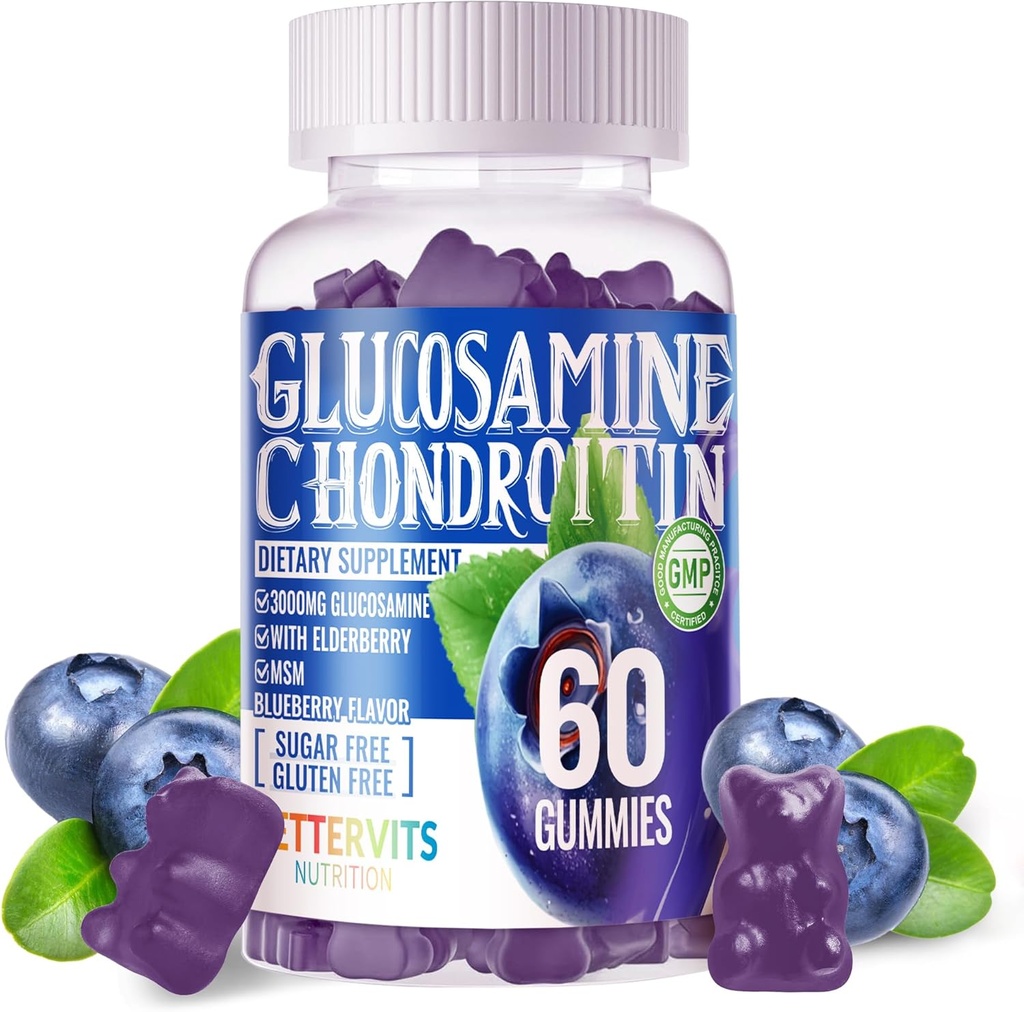 Glukosamin Chondroitin Gummies med MSM & Elderberry Extra Strength - Gemensamt stöd, Antioxidant Immune Support Supplement för vuxna, Män & Kvinnor.60 Blueberry Gummies