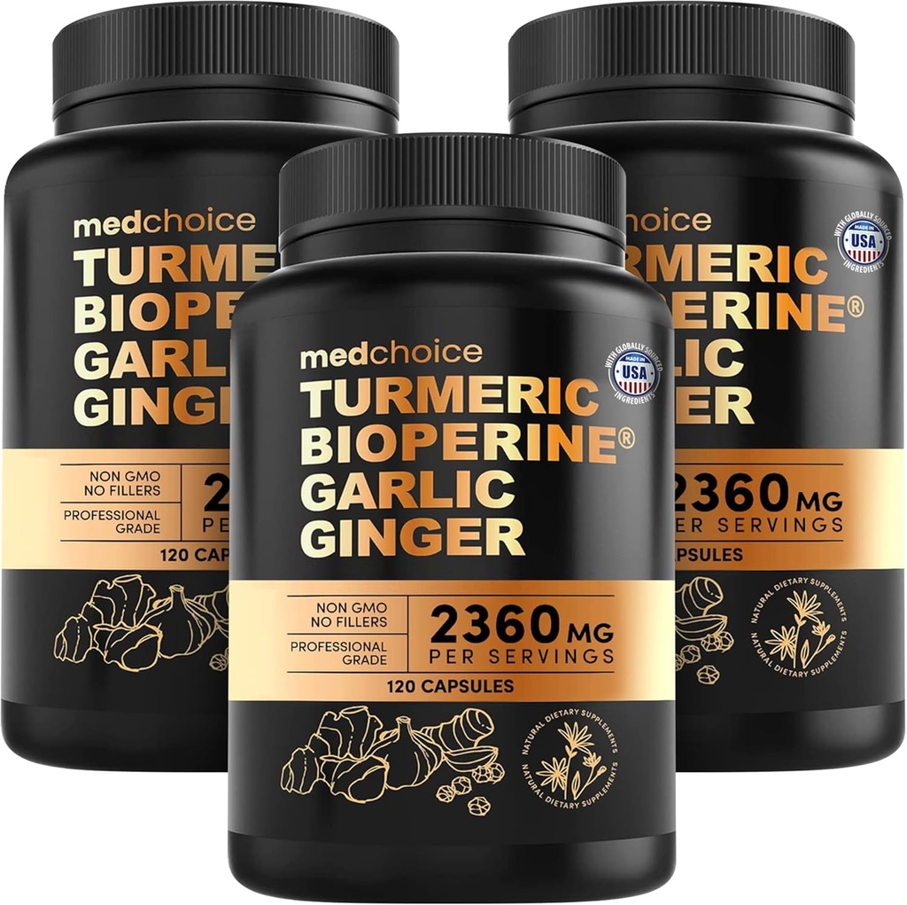 4-i-1 gurkmeja och vitlökstillägg med BioPerine - 2360mg gurkmeja ingefära rotkapslar med vitlök - hög potens Herbal Blend (120 ct, Pack of 3)